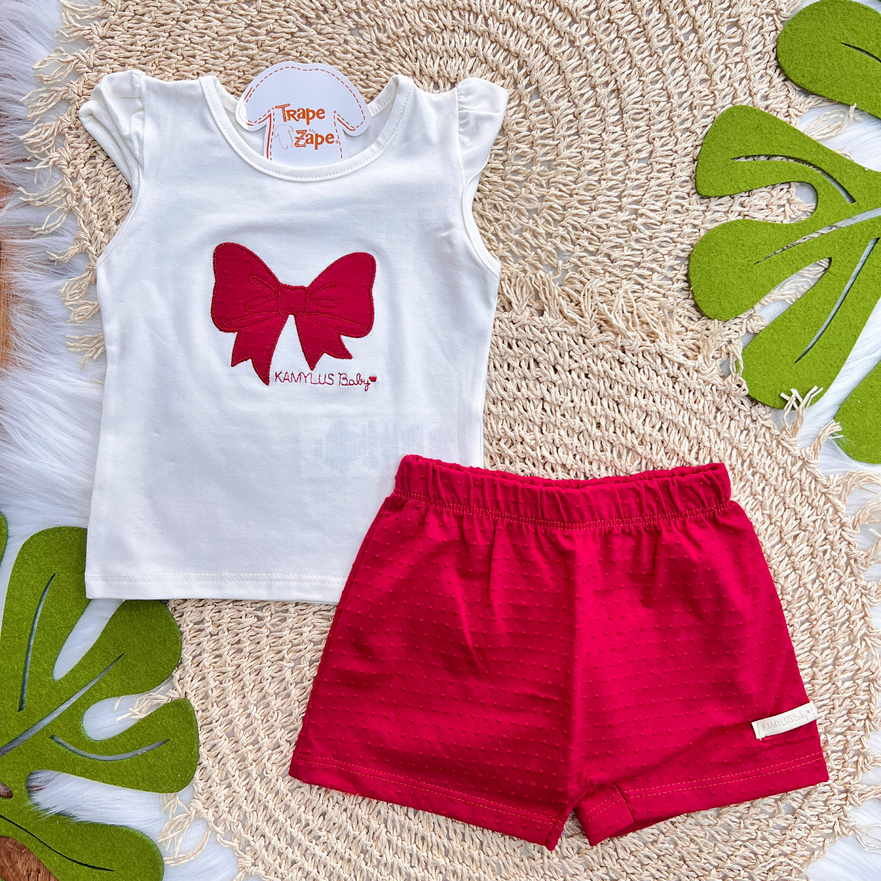 Conj. Blusa Laço e Short Ana Bola - Off White e Vermelho